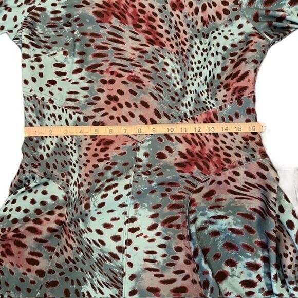 Natori Cheetah Crepe Top Stitch Dress Teal Aqua Blue 3/4 Sleeve Back Zip Size 8 - Picture 12 of 13